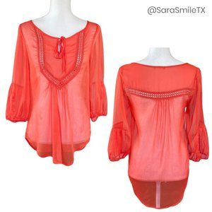 GIBSON Boho Tangerine Semi-Sheer  Crocheted 3/4 Sleeve Peasant Top